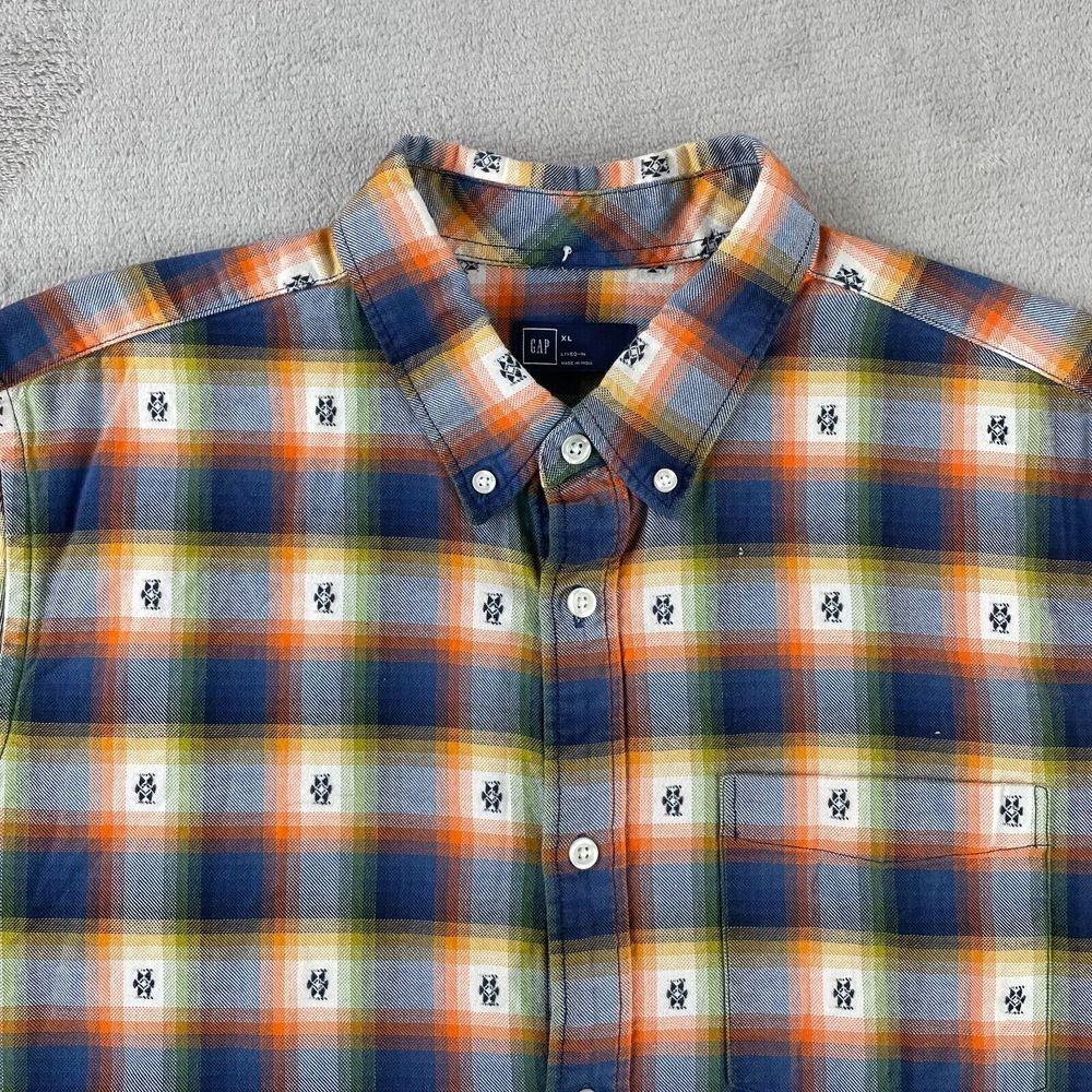 GAP Shirt Men XL Orange Blaze Plaid Aztec West Dobby Southwest Short Sleeve